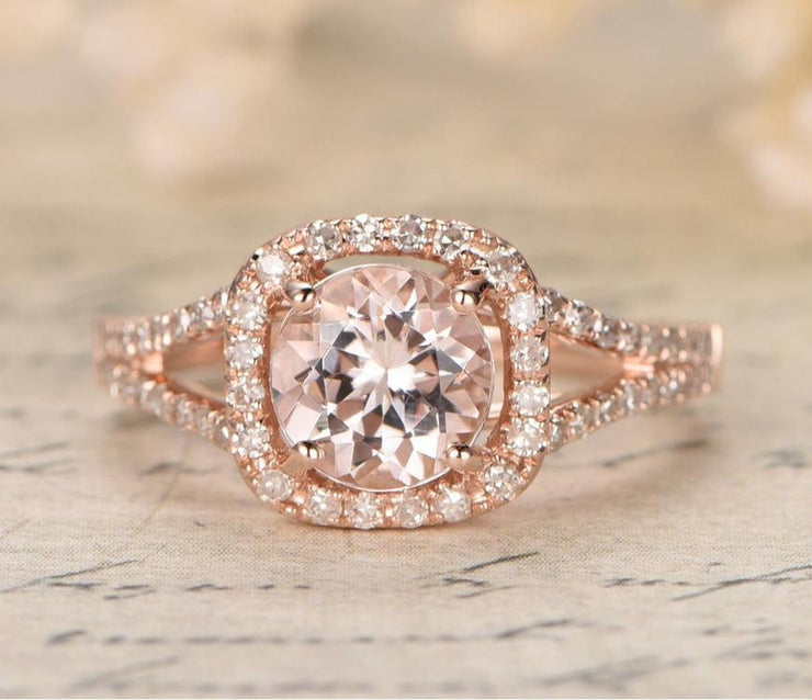 Sale 1.25 carat Halo Morgnaite Engagement Ring with Diamonds in 10k Rose Gold for Women