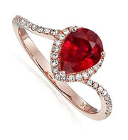 Limited Time Sale:1.25 Carat Red Pear cut Ruby and Halo Moissanite Diamond Engagement Ring in 10k Rose Gold for Women on Sale