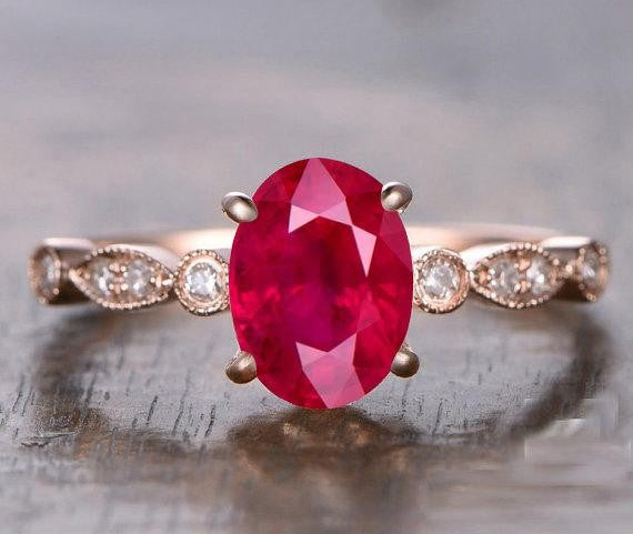 1.25 Carat Ruby and Moissanite Diamond Engagement Ring in 10k Rose Gold for her