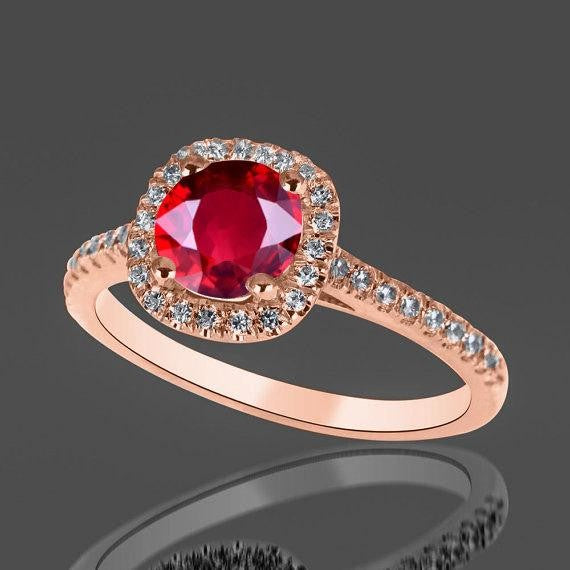 1.25 Carat Red Ruby and Moissanite Diamond Engagement Ring in 10k Rose Gold for Women