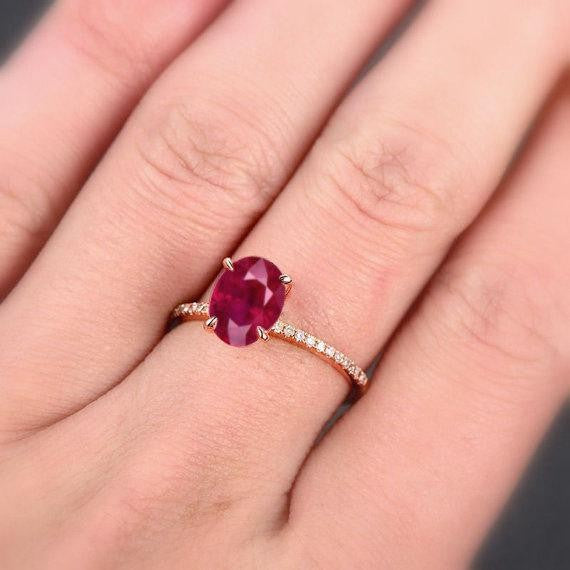 1.25 ct Red Ruby and Moissanite Diamond Engagement Ring in 10k Rose Gold for Women on Sale