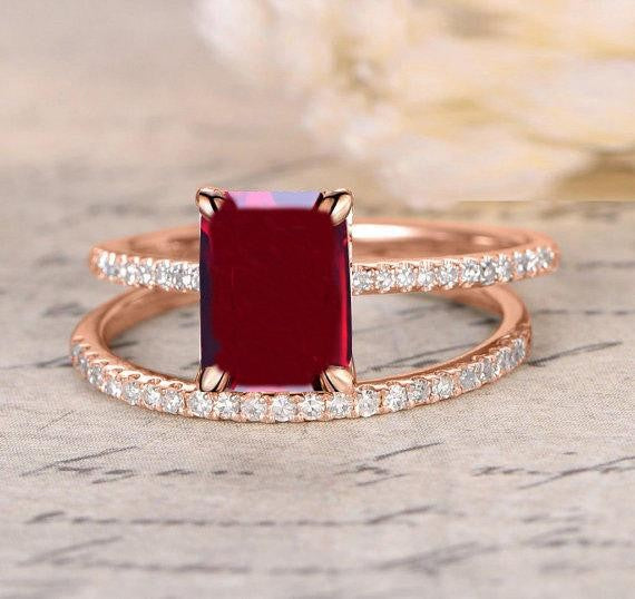 1.25 Carat Ruby in Emerald cut and Moissanite Diamond Engagement Bridal Wedding Ring Set in 10k Rose Gold