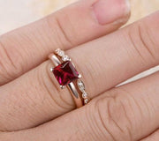 1.25 Carat Ruby Princess cut with Moissanite Diamond Engagement Bridal Wedding Ring Set in 10k Rose Gold