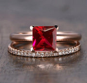 1.25 Carat Princess cut Ruby and Moissanite Diamond Engagement Bridal Wedding Ring Set in 10k Rose Gold
