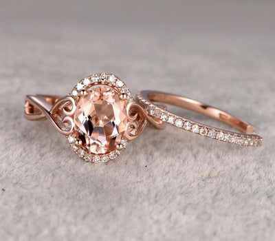 1.50 carat Morganite & Diamond Wedding Bridal Ring Set One Engagement Ring & Wedding Band