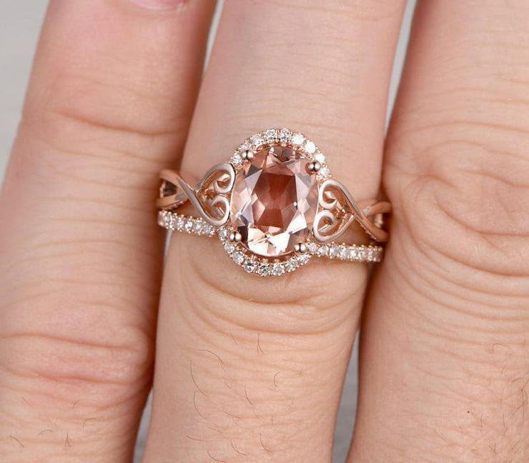 1.50 carat Morganite & Diamond Wedding Bridal Ring Set One Engagement Ring & Wedding Band