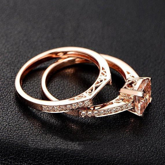 1.50 carat Princess Cut Morganite and Diamond Bridal Wedding Ring Set in Rose Gold Bestselling Design