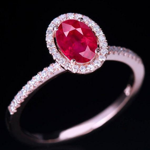 1.50 Carat Red Ruby and Moissanite Diamond Engagement Ring in 10k Rose Gold for Women on Sale