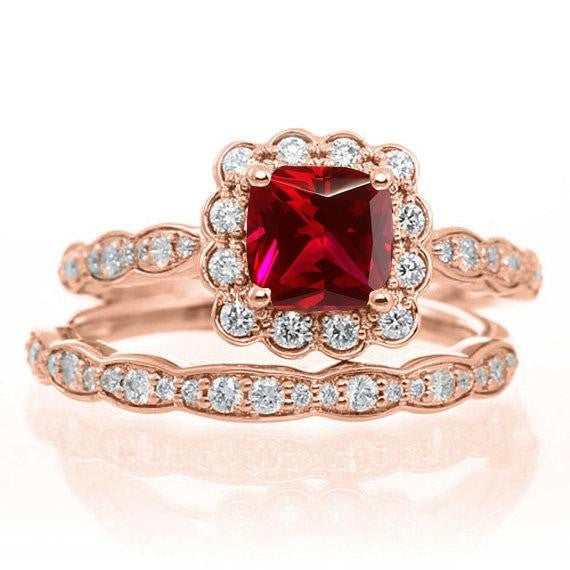1.50 Carat Red Ruby Round cut and Moissanite Diamond Engagement Bridal Wedding Ring Set in 10k Rose Gold