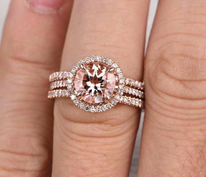 2 carat Morganite and Diamond Trio Ring Set in 10k Rose Gold with One Engagement Ring and 2 Wedding Bands