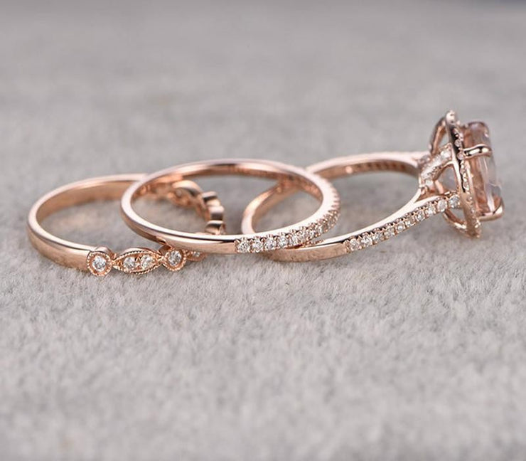 Sale 2 carat Morganite Ring Set in 10k Rose Gold with One Engagement Ring and 2 Wedding Bands
