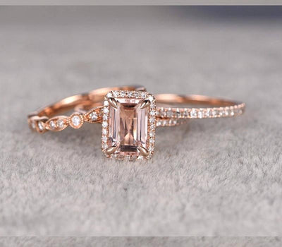2 carat Morganite Ring with Diamonds in 10k Rose Gold with One Engagement Ring and 2 Wedding Bands