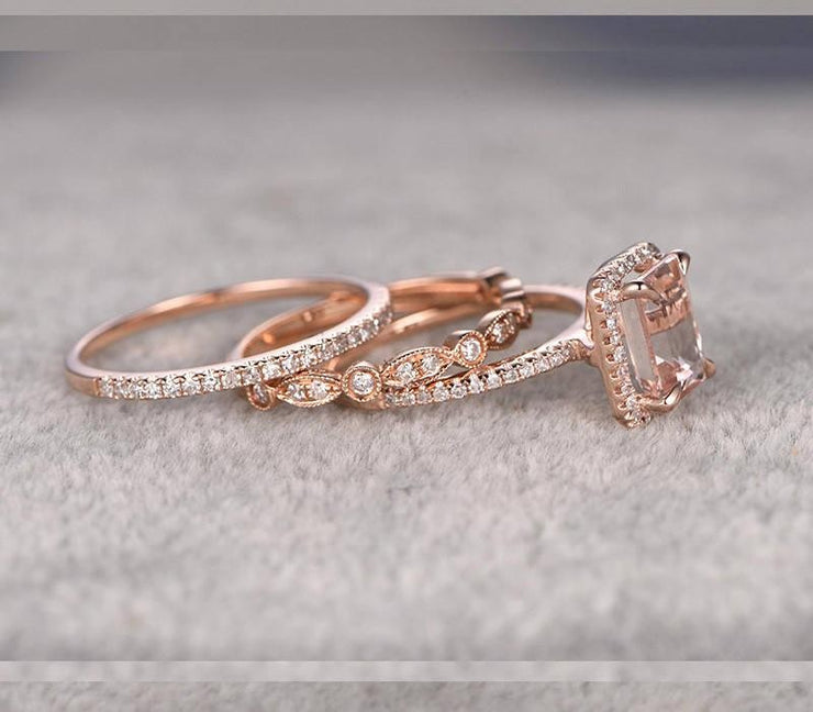2 carat Morganite Ring with Diamonds in 10k Rose Gold with One Engagement Ring and 2 Wedding Bands