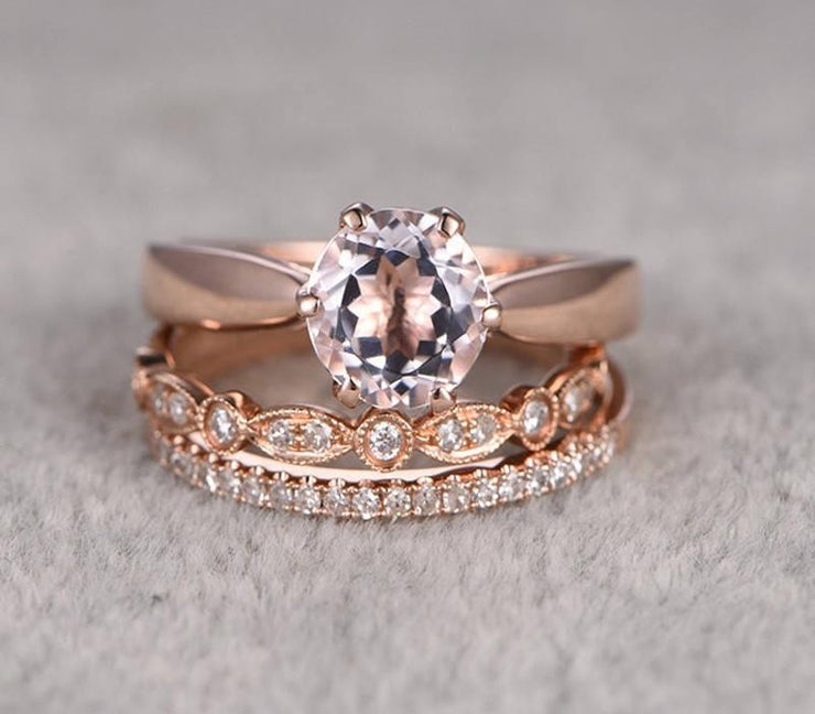 2 carat Morganite Ring with Diamond Trio Ring Set in 10k Rose Gold with 1 Engagement Ring and 2 Wedding Bands