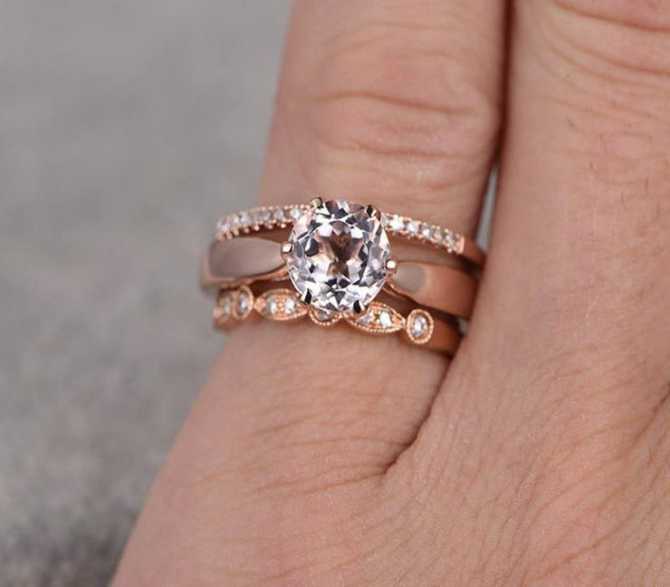 2 carat Morganite Ring with Diamond Trio Ring Set in 10k Rose Gold with 1 Engagement Ring and 2 Wedding Bands