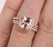 2.00 carat Morganite Trio Wedding Bridal Ring Set with Diamonds on 10k Rose Gold One Engagement Ring & 2 Wedding Bands