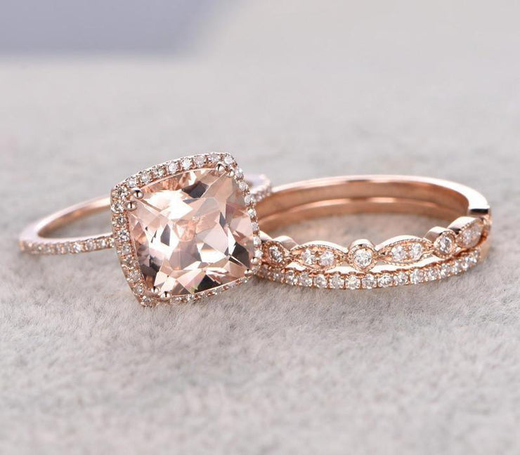 2.00 carat Morganite Trio Wedding Bridal Ring Set with Diamonds One Engagement Ring & 2 Wedding Bands