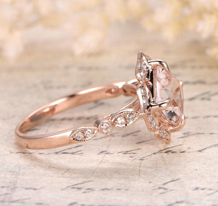 Limited Time Sale Antique 1.25 carat Morganite and Diamond Engagement Ring in 10k Rose Gold for Women