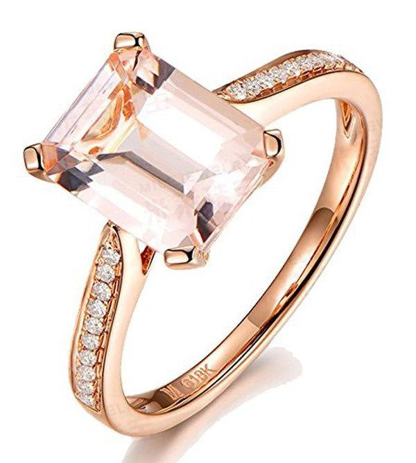 Limited Time Sale Antique 1.25 Carat Peach Pink Morganite (emerald cut Morganite) and Diamond Engagement Ring in 10k Rose Gold