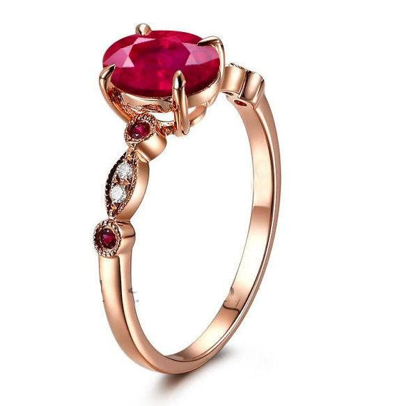 Antique Design 1.25 Carat Red Ruby and Moissanite Diamond Engagement Ring in 10k Rose Gold for Women on Sale