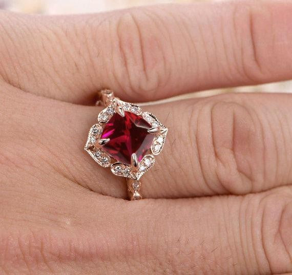 Vintage Antique Design 1.25 Carat Red Ruby and Moissanite Diamond Engagement Ring in 10k Rose Gold for Women on Sale