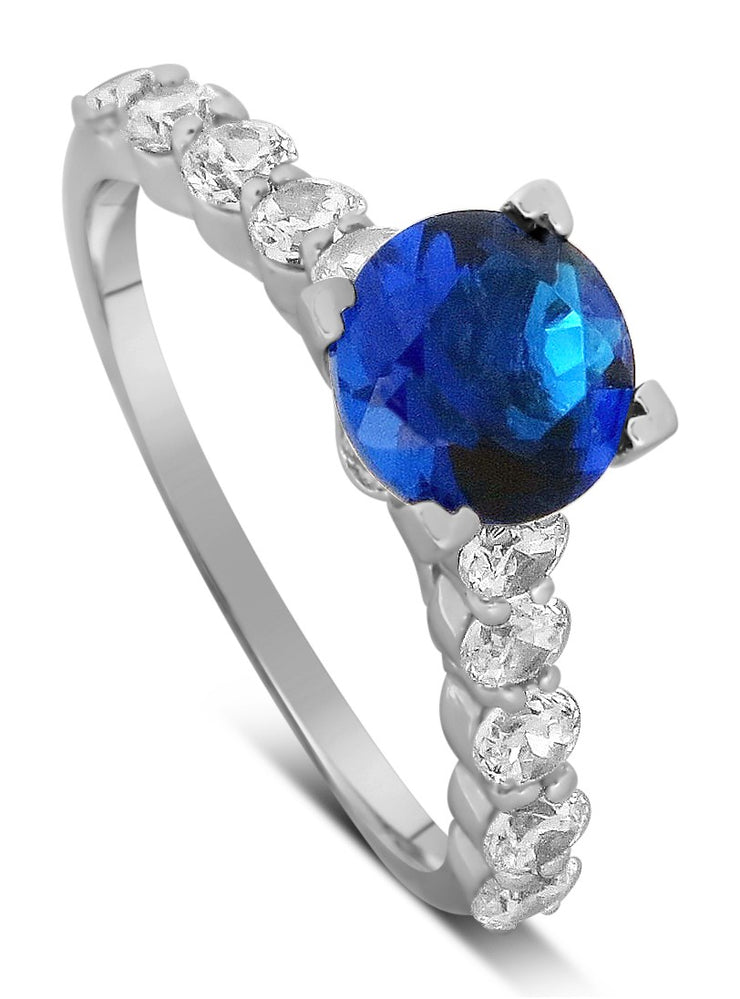 Luxurious 1.50 Carat Round Blue Sapphire and Moissanite Diamond Engagement Ring in White Gold