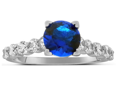 Luxurious 1.50 Carat Round Blue Sapphire and Moissanite Diamond Engagement Ring in White Gold