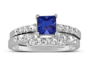 Luxurious 2 Carat Princess cut blue sapphire and White Moissanite Diamond Wedding Ring Set