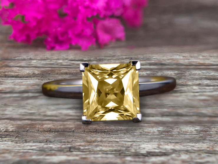 1.00 carat Classic Princess Cut Champagne Diamond Moissanite Diamond Solitaire Engagement Ring on 10k White Gold