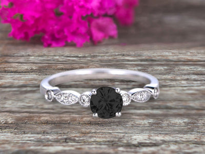 1.25 Carat Art Deco Style Round Black Diamond Moissanite  Diamond Ring on 10k White Gold Vintage Style