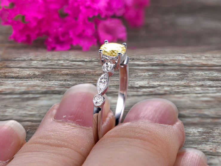 1.25 Carat Art Deco Style Round Champagne Diamond Moissanite Diamond Ring on 10k White Gold Vintage Style