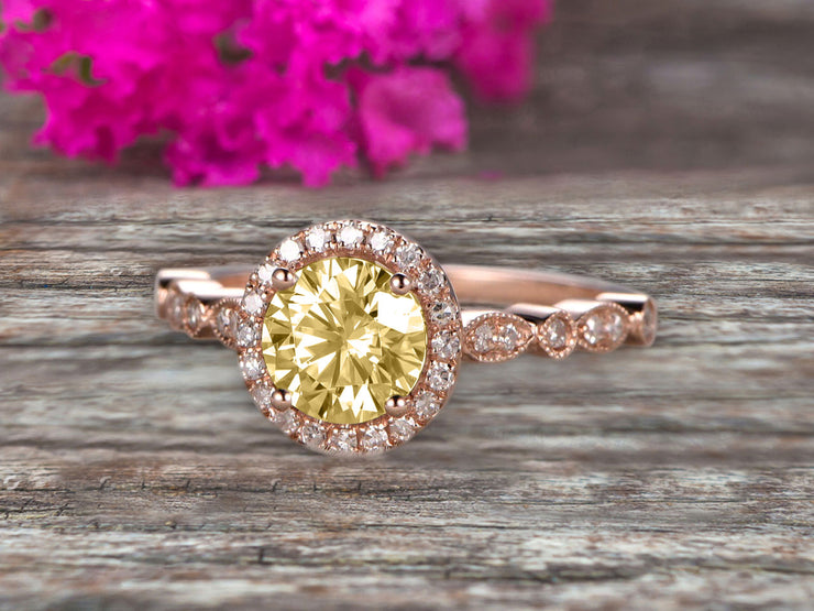 1.50 Carat Halo Champagne Diamond Moissanite Diamond Engagement Ring Classic Vintage Art Deco 10k Solid Rose Gold
