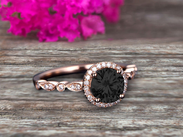 1.50 Carat Halo Black Diamond Moissanite Diamond Engagement Ring Classic Vintage Art Deco 10k Solid Rose Gold