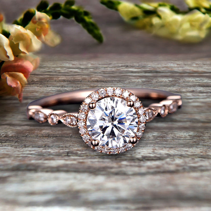 1.50 Carat Halo Moissanite Diamond Engagement Ring Classic Vintage Art Deco 10k Solid Rose Gold