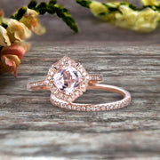 1.75 Carat Cushion Cut Morganite Wedding Set Bridal Engagement Ring On 10k Rose Gold Vintage Art Deco Antique Flower Halo Design