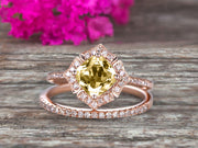 1.75 Carat Cushion Cut Champagne Diamond Moissanite Wedding Set Bridal Engagement Ring On 10k Rose Gold Vintage Art Deco Antique Flower Halo Design