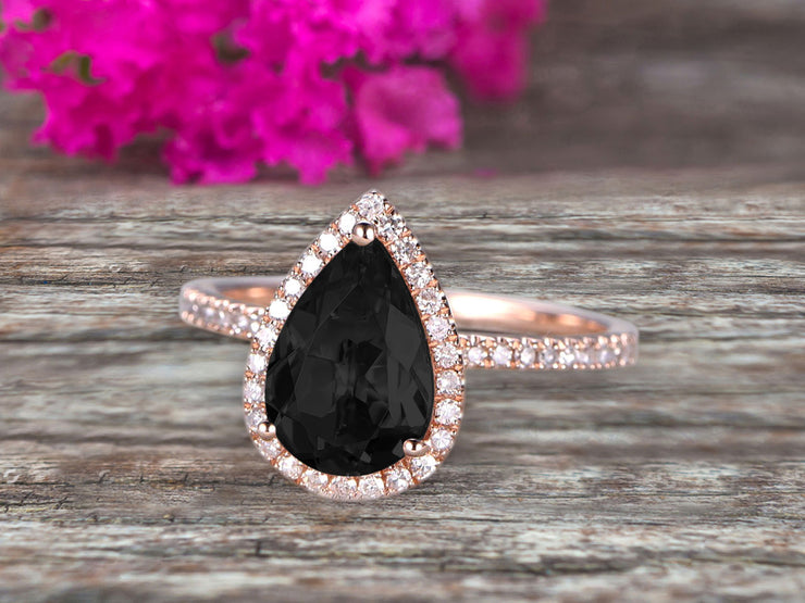 1.50 Carat Pear Shaped Black Diamond Moissanite Engagement Ring On 10k Rose Gold Halo Teardrop Design Anniversary Gift Personalized for Brides