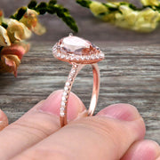 1.50 Carat Pear Shaped Morganite Engagement Ring On 10k Rose Gold Halo Teardrop Design Anniversary Gift Personalized for Brides