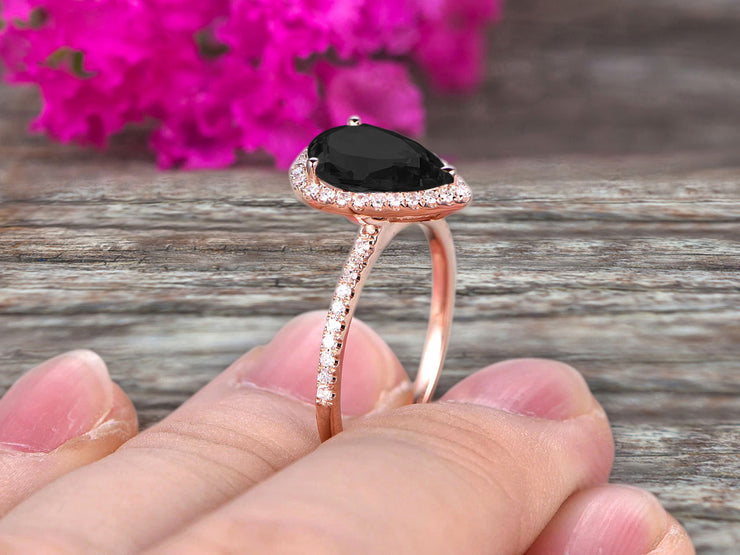 1.50 Carat Pear Shaped Black Diamond Moissanite Engagement Ring On 10k Rose Gold Halo Teardrop Design Anniversary Gift Personalized for Brides