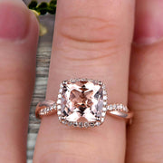 1.50 Carat Cushion Cut Morganite Engagement Ring Infinity Twisted Halo Stacking Band Promise Ring 10k Rose Gold