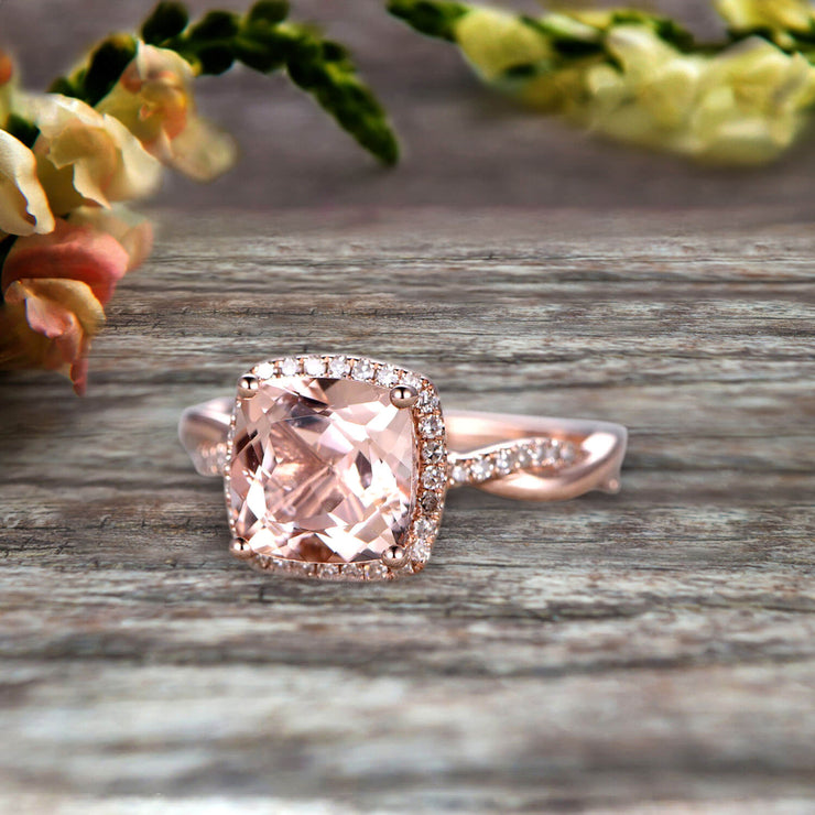 1.50 Carat Cushion Cut Morganite Engagement Ring Infinity Twisted Halo Stacking Band Promise Ring 10k Rose Gold