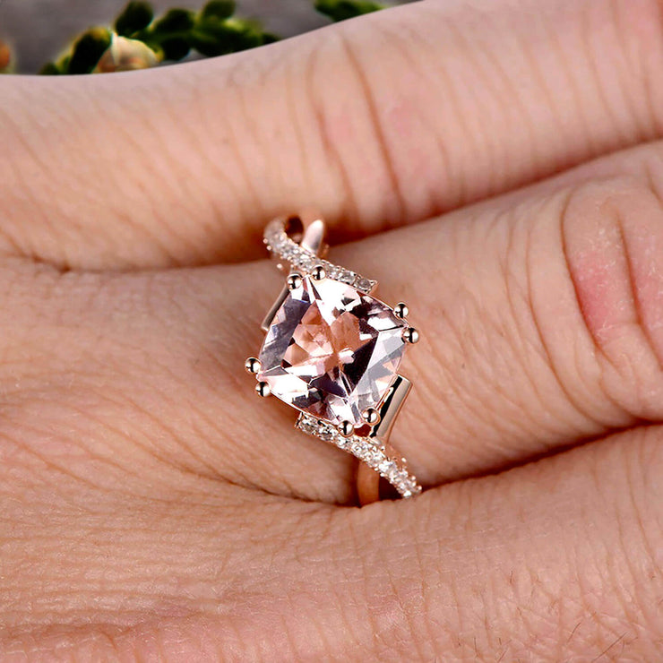 1.25 Carat Cushion Cut Morganite Engagement Ring Infinity Twisted Curved Promise Ring On 10k Rose Gold