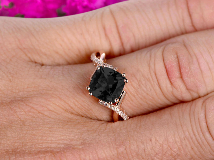 1.25 Carat Cushion Cut Black Diamond Moissanite Engagement Ring Infinity Twisted Curved Promise Ring On 10k Rose Gold