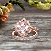 Trio Set 10k Rose Gold 2 Carat Morganite Wedding Set Engagement Ring Antique Stacking Matching Band Art Deco