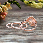 Trio Set 10k Rose Gold 2 Carat Morganite Wedding Set Engagement Ring Antique Stacking Matching Band Art Deco