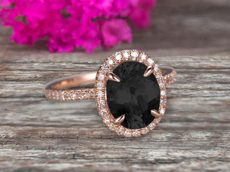 10k Rose Gold 1.50 Carat Black Diamond Moissanite Halo Engagement Ring Oval Cut Anniversary Ring Art Deco