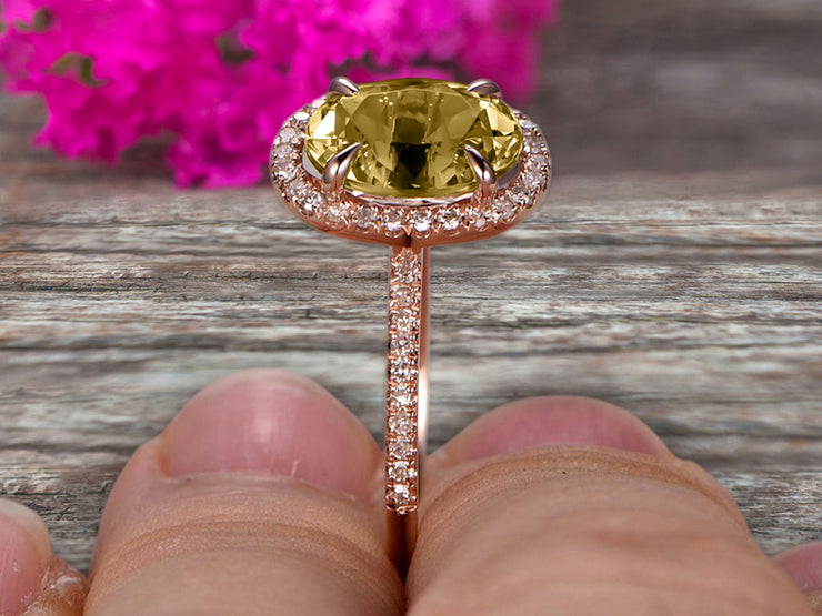 10k Rose Gold 1.50 Carat Champagne Diamond Moissanite Halo Engagement Ring Oval Cut Anniversary Ring Art Deco