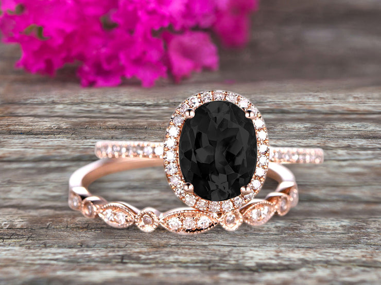 1.75 Carat Black Diamond Moissanite Wedding Set Engagement Ring Oval Shaped Art Deco Bridal Ring On 10k  Rose Gold 