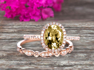 1.75 Carat Champagne Diamond Moissanite Wedding Set Engagement Ring Oval Shaped Art Deco Bridal Ring On 10k Rose Gold 