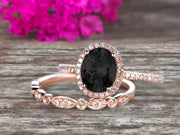 1.75 Carat Black Diamond Moissanite Wedding Set Engagement Ring Oval Shaped Art Deco Bridal Ring On 10k  Rose Gold 